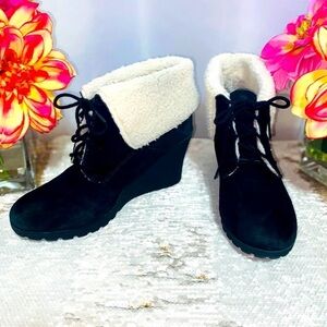 MIA Dacey Suede Faux Shearling Wedge Booties Black